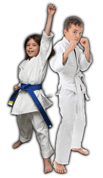 Martial Arts Lessons for Kids in Fort Dodge IA - Happy Blue Belt Girl and Focused Boy Banner